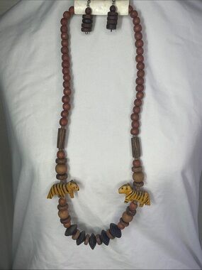 Wooden Bead Necklace & Matching Dangle Earrings - Brown